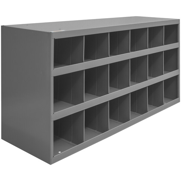 A grey metal Durham Mfg storage bin shelf with many compartments.