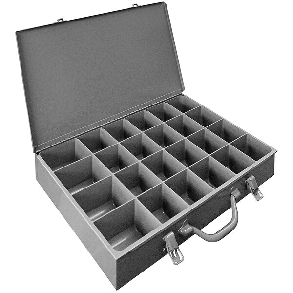 A white and gray Durham Mfg steel box with 24 compartments.