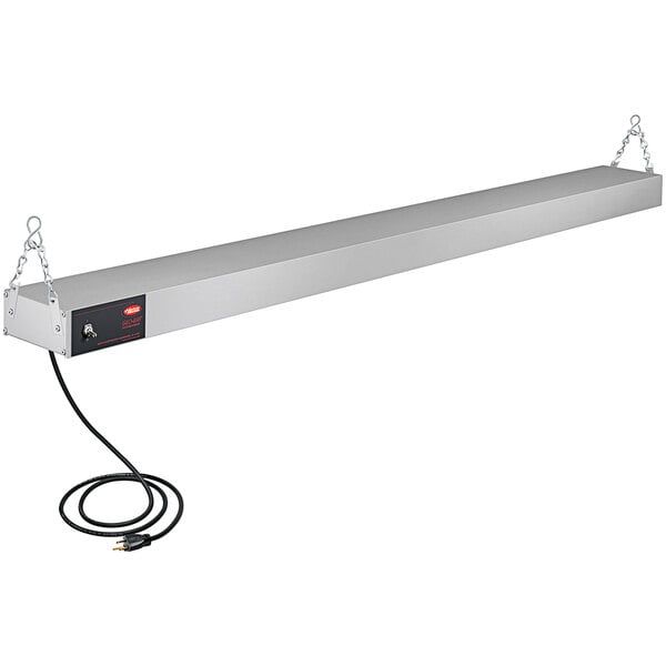 A long rectangular metal Hatco infrared food warmer with attached cables.