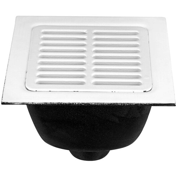 A white square Zurn cast iron floor sink with a white square grate.