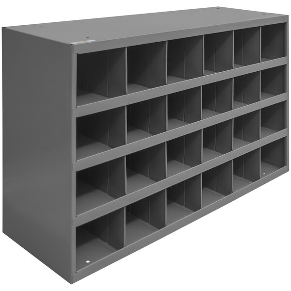 A grey metal Durham Mfg storage bin shelf with 24 openings.