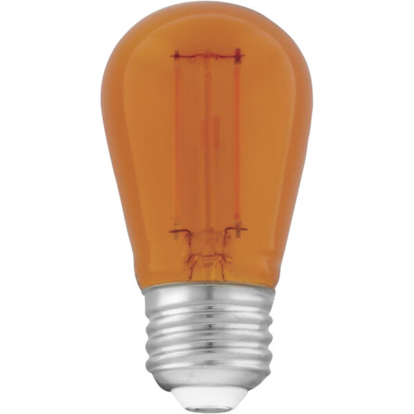 An orange S14 replacement light bulb with a clear base.