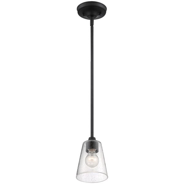 A black light fixture with a clear seeded glass shade hanging from a black pole.