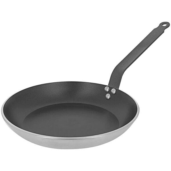 A close-up of a black and silver de Buyer Choc Resto Induction aluminum non-stick fry pan with a handle.