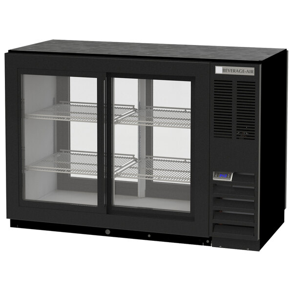 A black Beverage-Air back bar refrigerator with sliding glass doors.