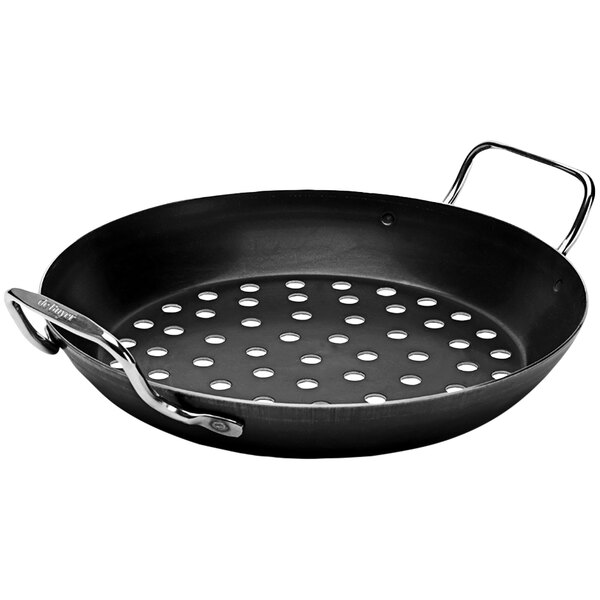 Blue Carbon Steel Perforated Outdoor Fry Pan with 2 handles