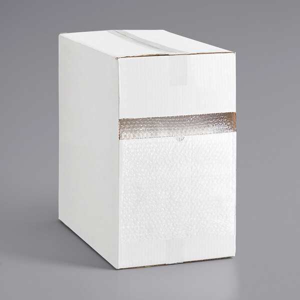 A white Lavex box with bubble wrap on top.