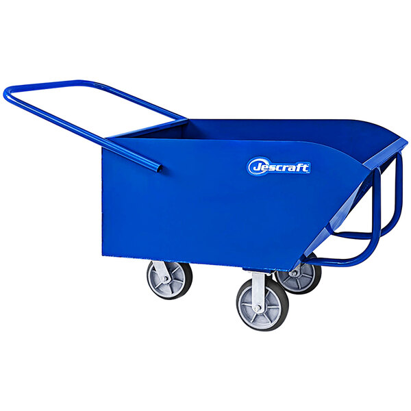 A blue Jescraft low profile chip cart with wheels.