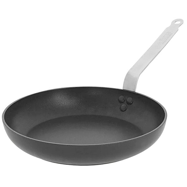 A black de Buyer Choc Intense fry pan with a white handle.