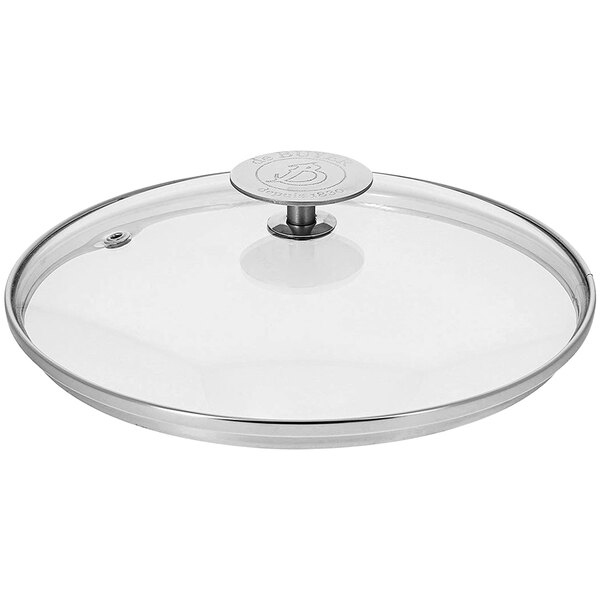 A de Buyer tempered glass lid with a metal handle.