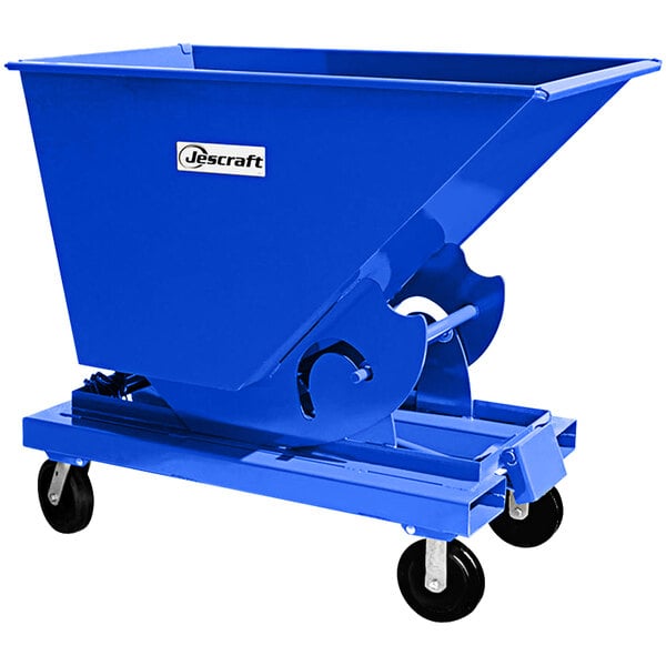 A blue Jescraft self-dumping forklift hopper with wheels.