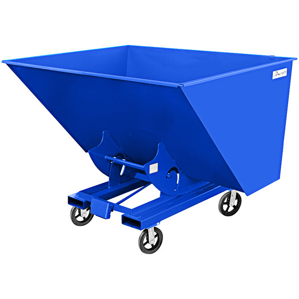 A blue steel self-dumping forklift hopper with wheels.