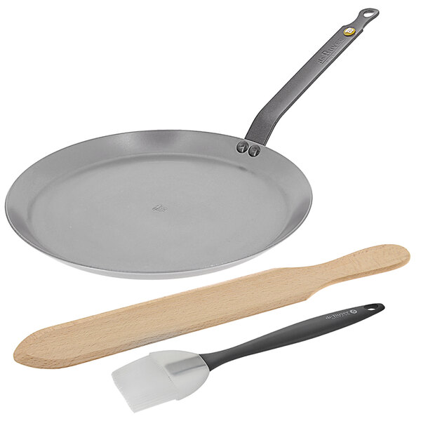 de Buyer Mineral B Element 10 1/4" Carbon Steel Crepe Pan with Wood