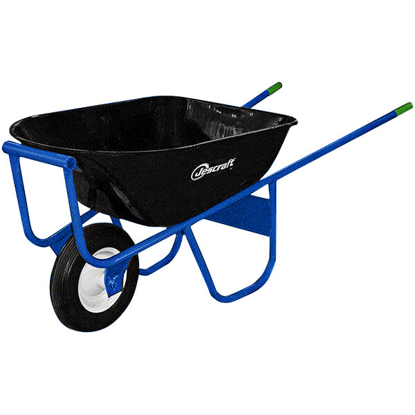 A Jescraft steel wheelbarrow with blue handles and a black wheel.