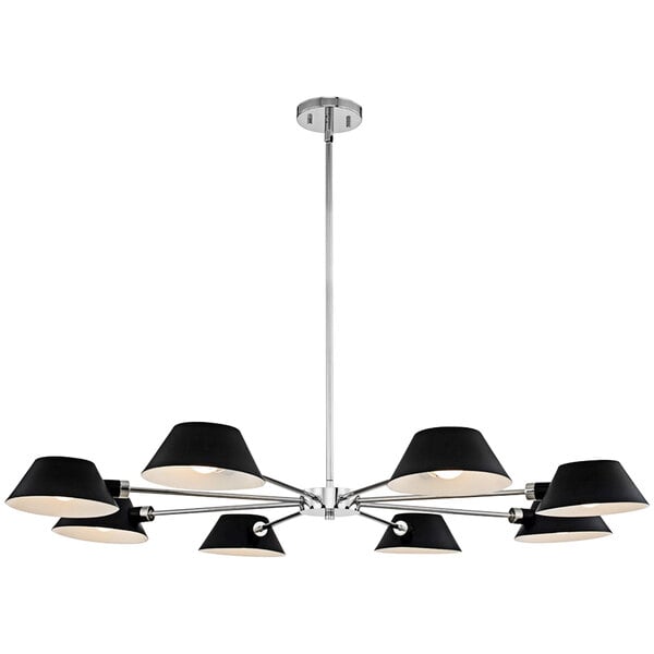 A Kalco Bruno mid-century modern chandelier with polished nickel finish and black shades over a dining table in a restaurant.