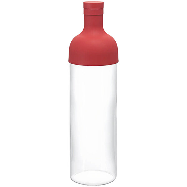 A red glass bottle with a red lid.
