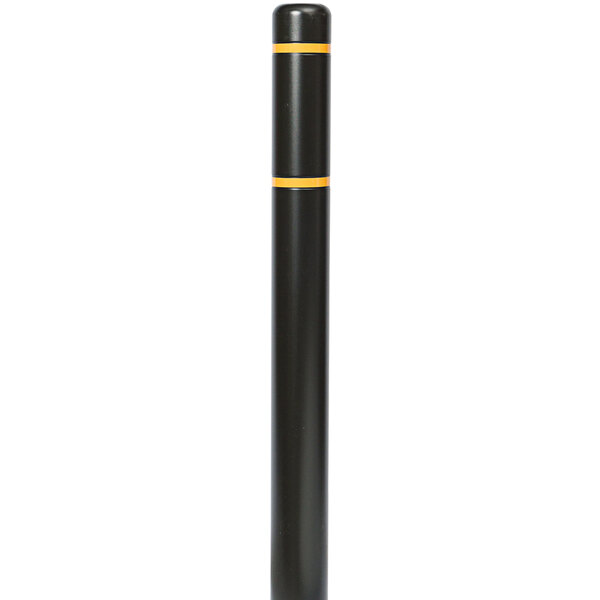 A black Innoplast BollardGard with yellow reflective stripes on a white background.