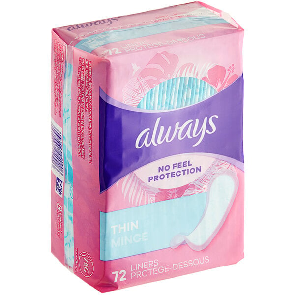 A case of 12 pink and blue packages of Always thin daily liners.