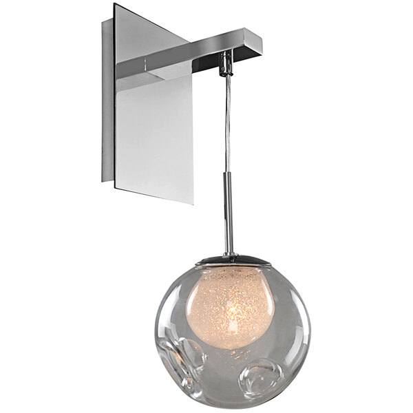 A Kalco Meteor wall sconce with a polished chrome finish and clear glass sphere.