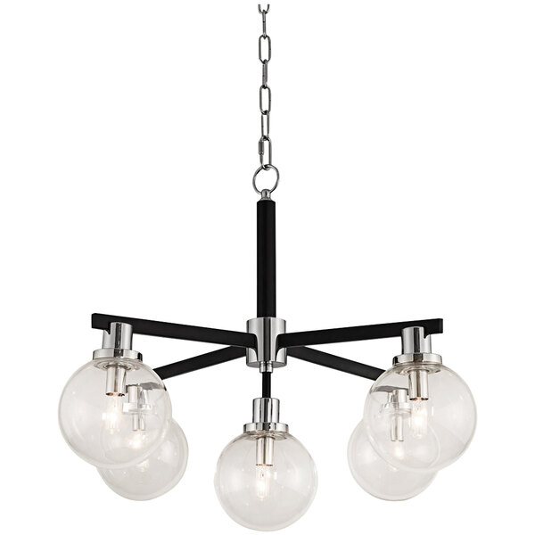 A Kalco Cameo pendant light with clear glass globes and a matte black and nickel finish hanging in a restaurant dining area.