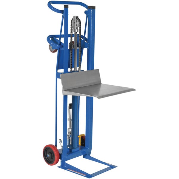 A blue hand truck with a steel rectangular tray on top.