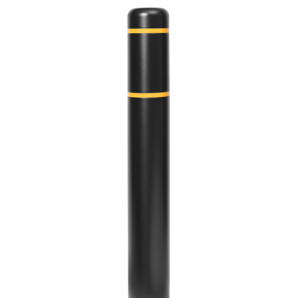 A black Innoplast BollardGard bollard cover with yellow reflective stripes over a cylindrical object.