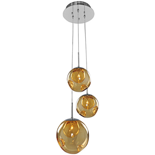 A Kalco Meteor 3-light pendant with round amber glass balls hanging from a chrome fixture.