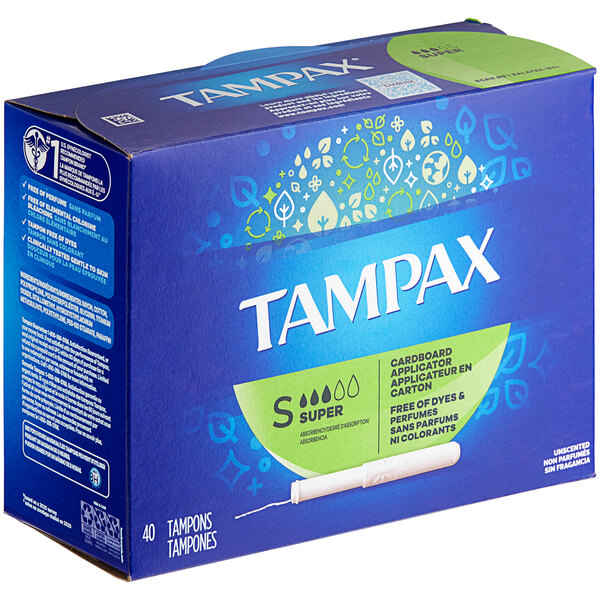 A case of 12 blue Tampax boxes with green accents.