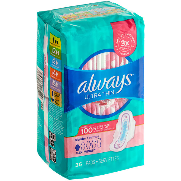 A case of 6 packages of Always Ultra Thin unscented menstrual pads with wings. The packaging is white with pink accents.