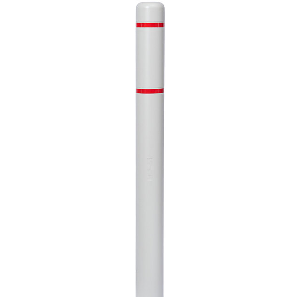 A white bollard cover with red reflective stripes.