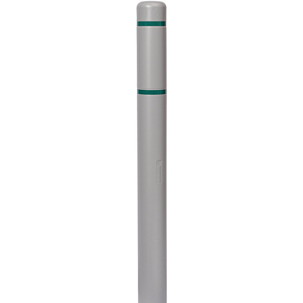 An Innoplast gray bollard cover with green reflective stripes on a white and green pole.
