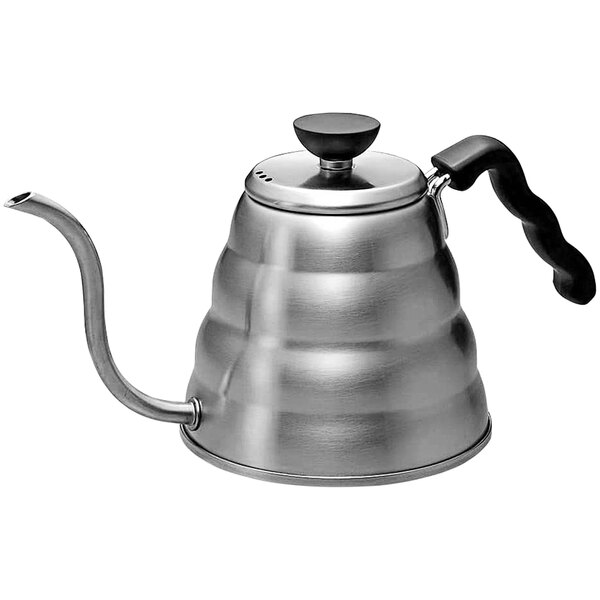 A silver stainless steel Hario V60 drip kettle with a black handle.