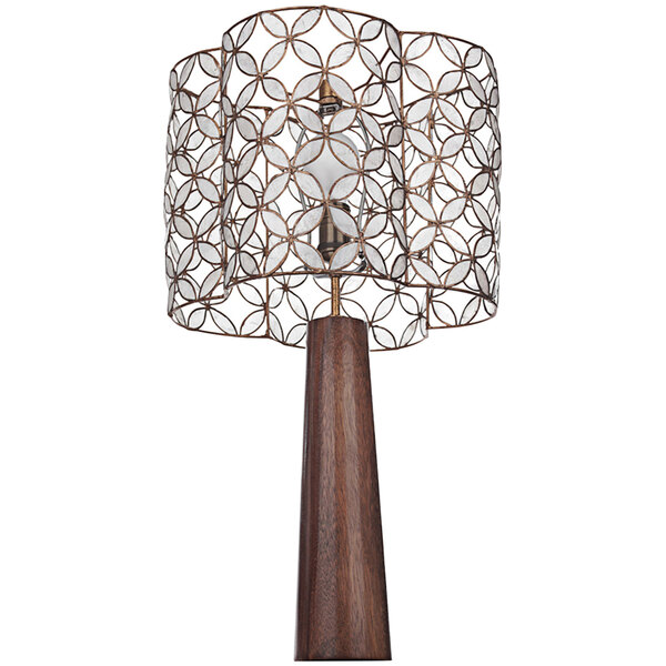 A Kalco Maurelle table lamp with a wooden base and metal shade.
