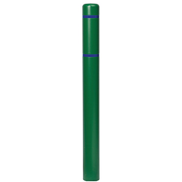 A green bollard cover with blue reflective stripes.