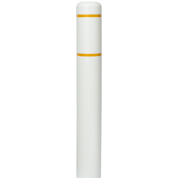 A white cylindrical bollard cover with yellow reflective stripes.