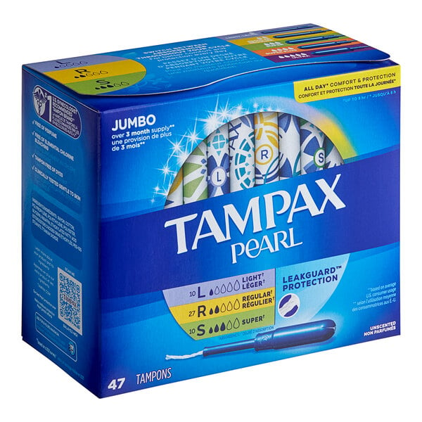A close-up of a Tampax Pearl Variety Pack box containing 47 tampons.
