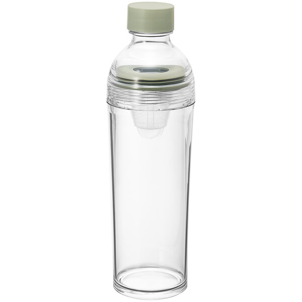 A Hario Filter-in Bottle with a green cap filled with clear liquid.