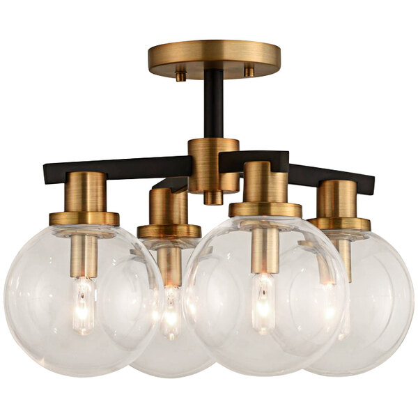 A Kalco semi-flush mount light with clear glass globes and brass and black accents.