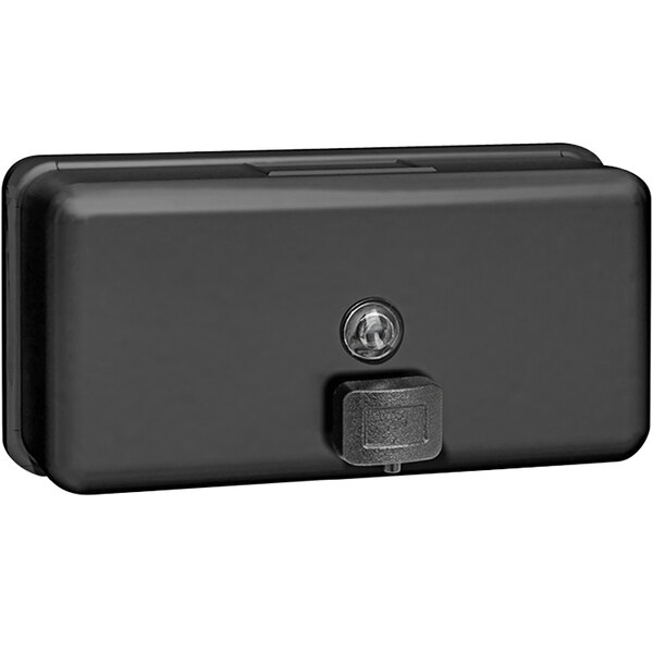 A matte black rectangular horizontal liquid soap dispenser with a lock on the side.