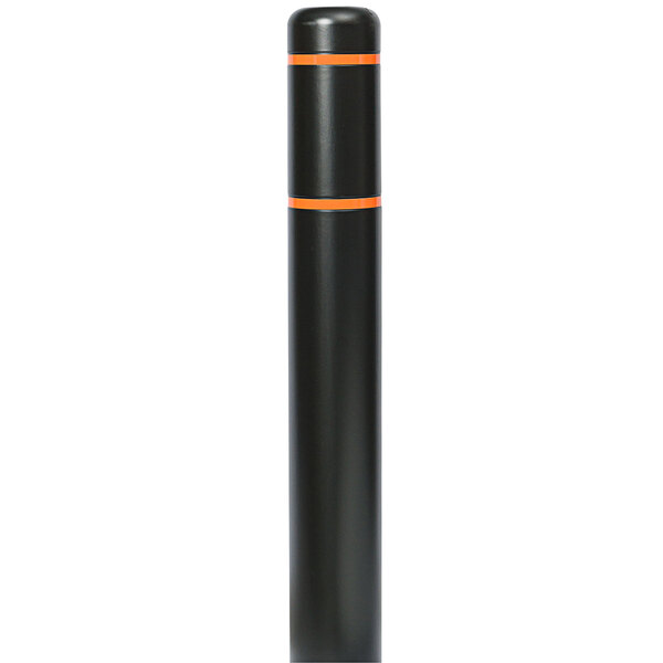 A black cylindrical Innoplast BollardGard with orange stripes on the top and bottom.