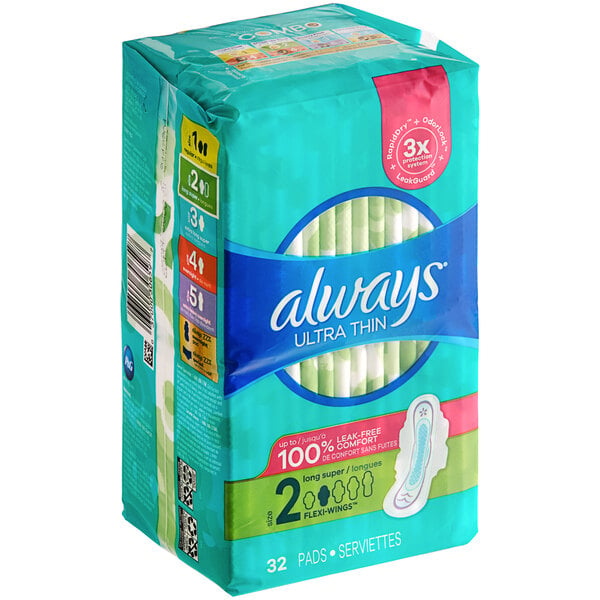 A package of 32 Always Ultra Thin unscented menstrual pads with wings.