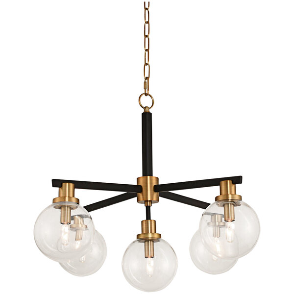 A Kalco Cameo pendant light with black and gold accents and clear glass globes.
