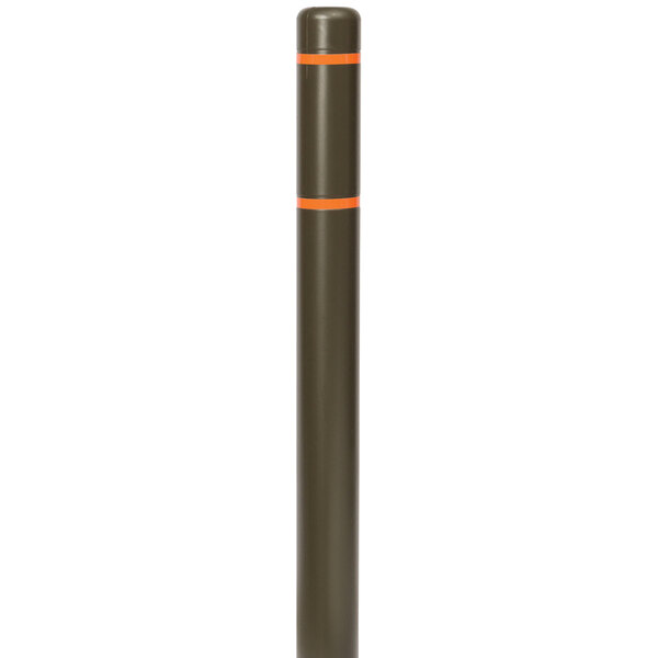 A brown metal Innoplast bollard cover with orange reflective stripes and white stripe.