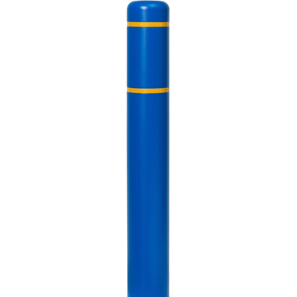 A blue Innoplast BollardGard with a yellow reflective stripe on a cylindrical pole.