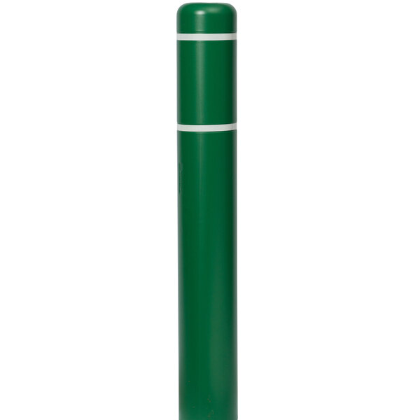 A green Innoplast BollardGard cover with white stripes on a pole.