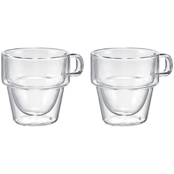Two clear Hario glass cups with handles.