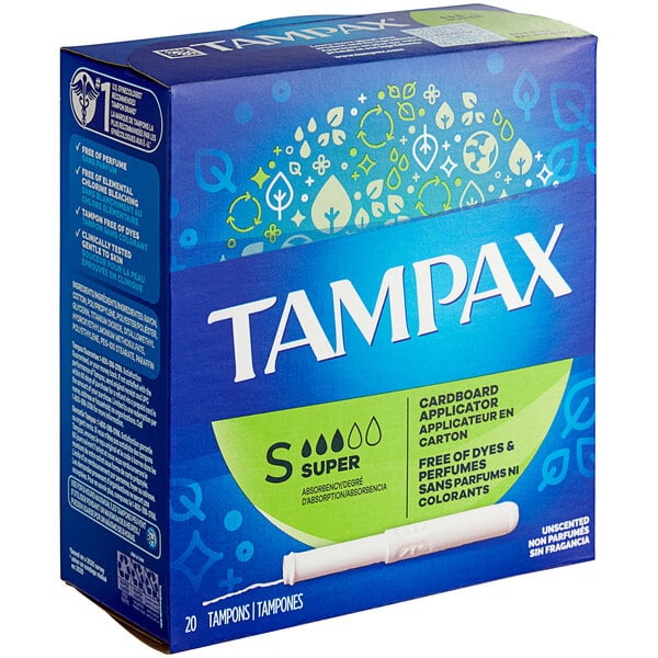 A blue and white Tampax box with a tampon on it.