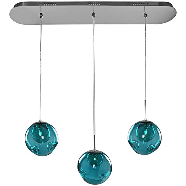 A blue and silver Kalco Meteor island light with three aqua glass balls hanging from it.