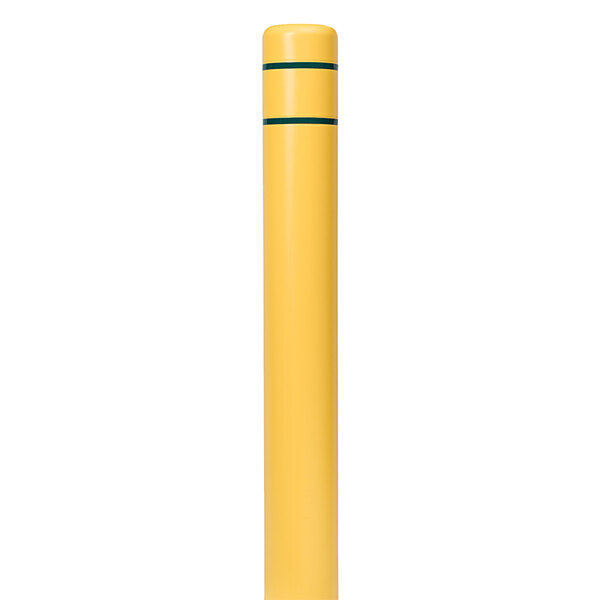 A yellow cylindrical bollard cover with green stripes.
