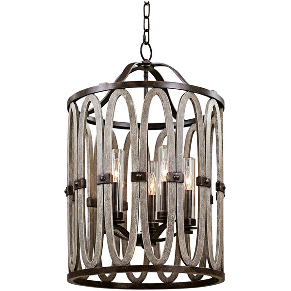 A Kalco Belmont farmhouse chandelier with a wood frame and chain.